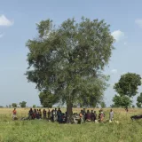 After crossing the border at Maban, refugees wait under a tree in the hot sun until they have permission to enter South Sudan.